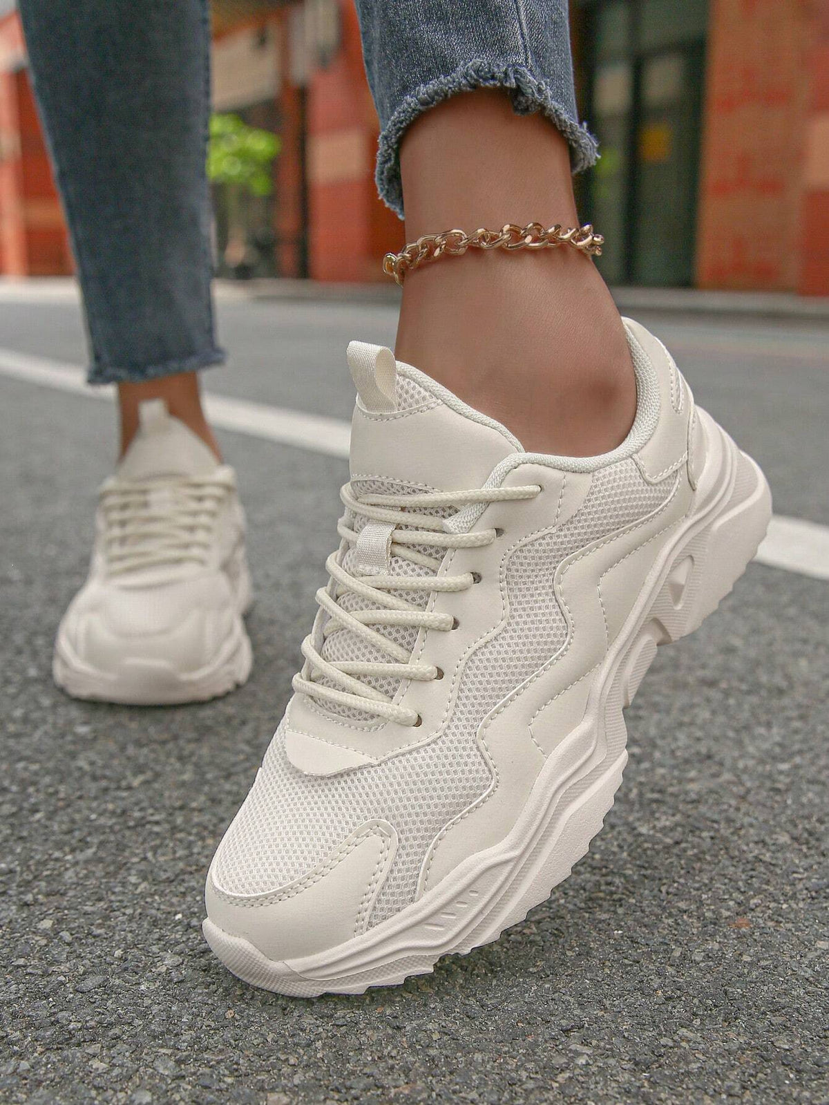 Beige AUREA Chunky Sneakers für Damen, leichte und atmungsaktive Sportschuhe mit dicker Sohle und Höhenerhöhungsfunktion, Größe