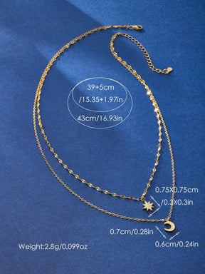 1 Stück Halskette aus 925er Silber für Damen mit doppelschichtigem CZ Stern- und Mond Anhänger und elegantem Kette. Ausgefallenes und stilvolles Schmuckgeschenk